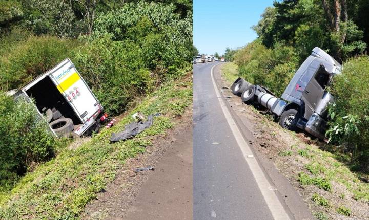 Caminhões saem da pista após acidente em Ponte Serrada