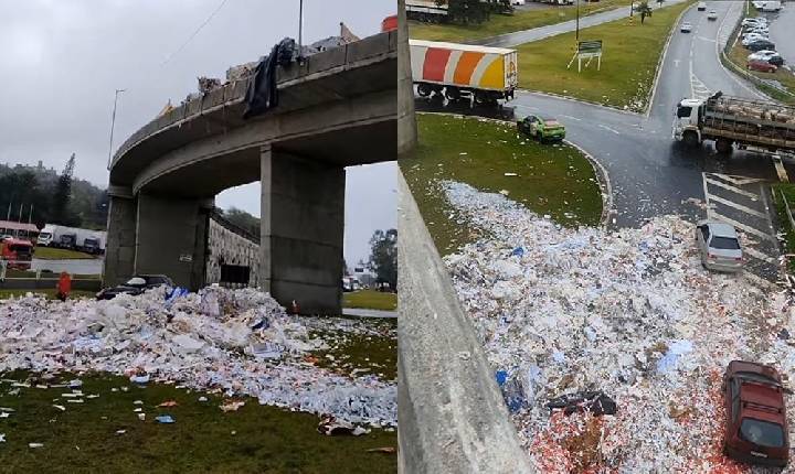 Carreta tomba em elevado na entrada de Chapecó e causa congestionamento quilométrico