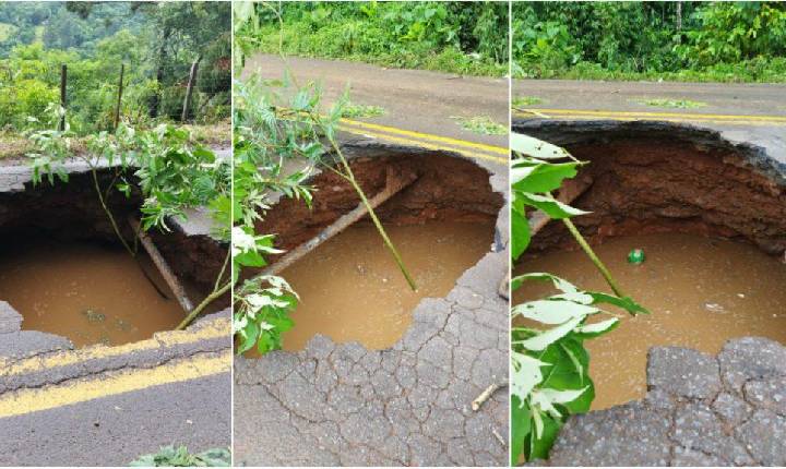 Cratera se forma em asfalto e deixa trânsito bloqueado entre Xanxerê e Xavantina