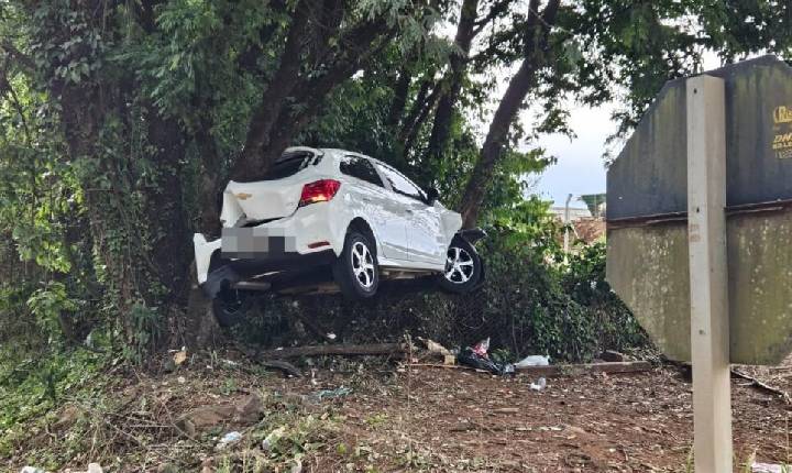 De Chapecó a Nova Itaberaba: Ao tentar escapar de buraco, carro ‘decola’ e fica preso entre árvores na BR-282