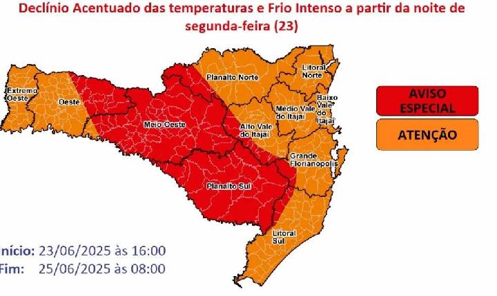 Defesa Civil emite alerta vermelho para frio intenso em SC
