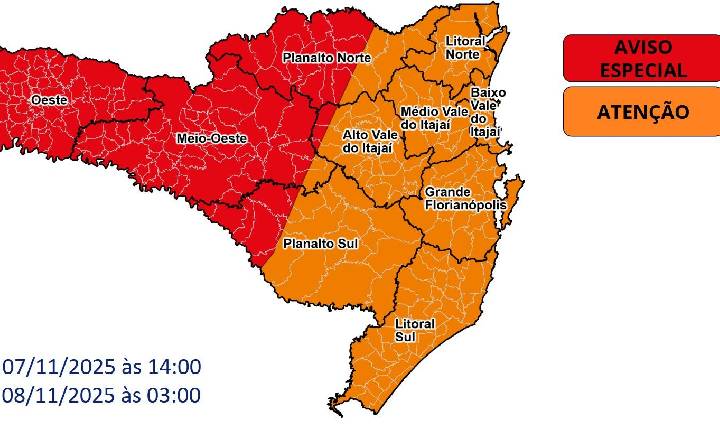 Defesa Civil emite alerta vermelho para temporais a partir do Oeste de SC