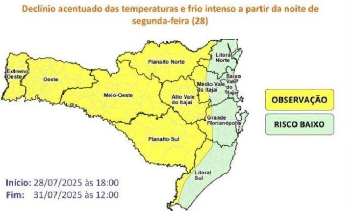 Massa de ar frio avança e deve derrubar temperaturas em SC a partir desta segunda-feira