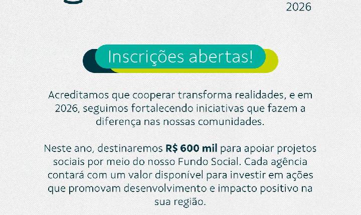 Sicoob Crediauc abre inscrições para o Fundo Social 2026