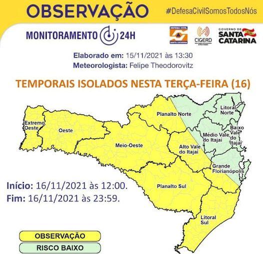 Previsão indica possibilidade de chuva acompanhada de temporais em Santa Catarina