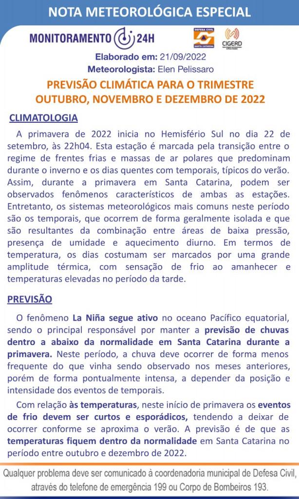 Primavera será de menos chuva em SC em comparação com o período do inverno