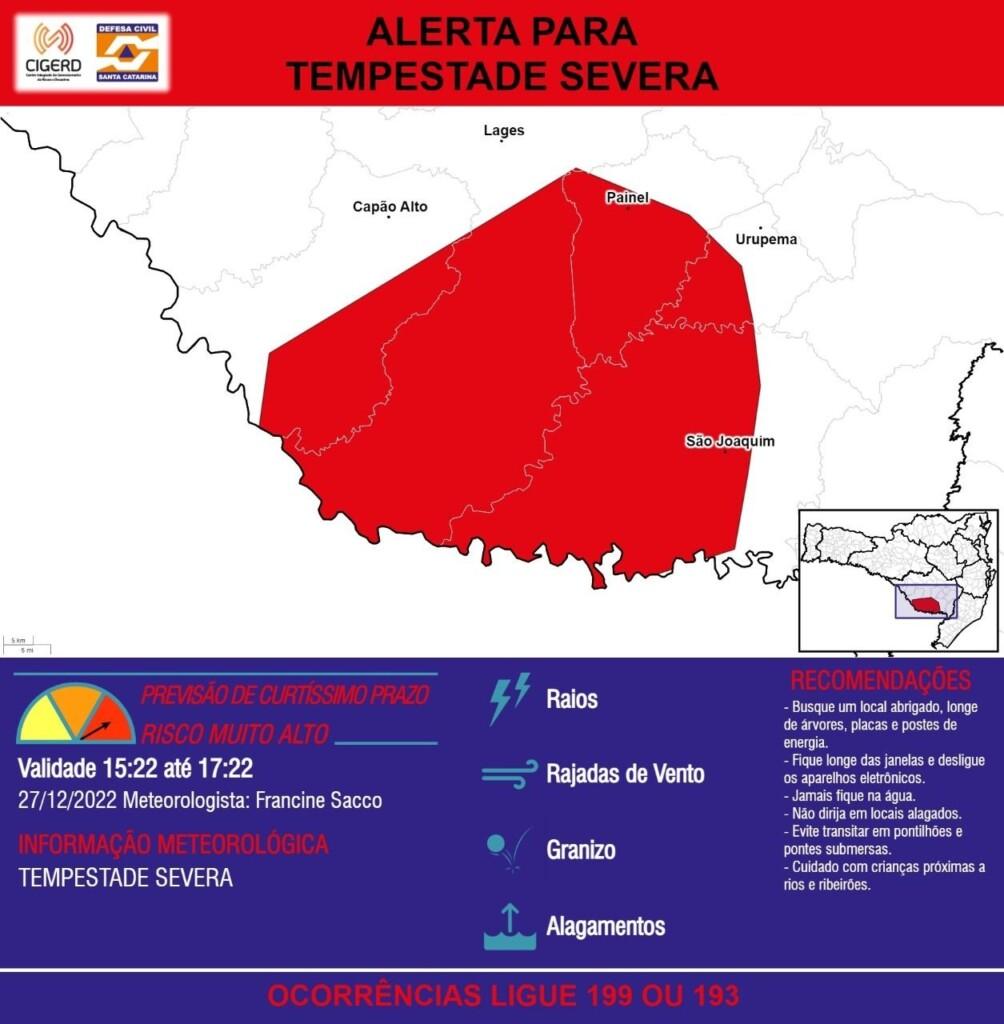 Alerta vermelho: Defesa Civil divulga comunicado de ‘Tempestade Severa’ em municípios de SC