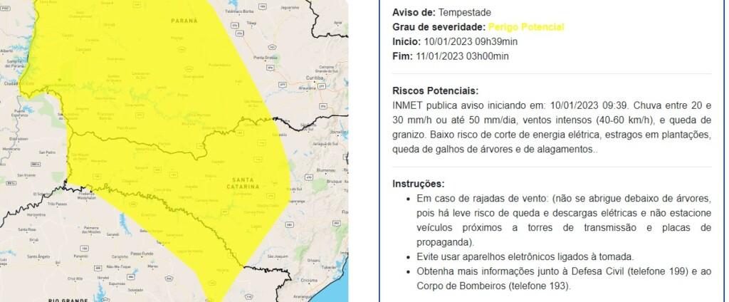 Inmet divulga alerta para municípios do Oeste de Santa Catarina