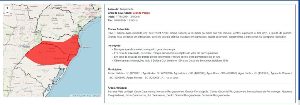 Alerta de ‘Grande Perigo’: Inmet divulga alerta para Santa Catarina e Rio Grande do Sul