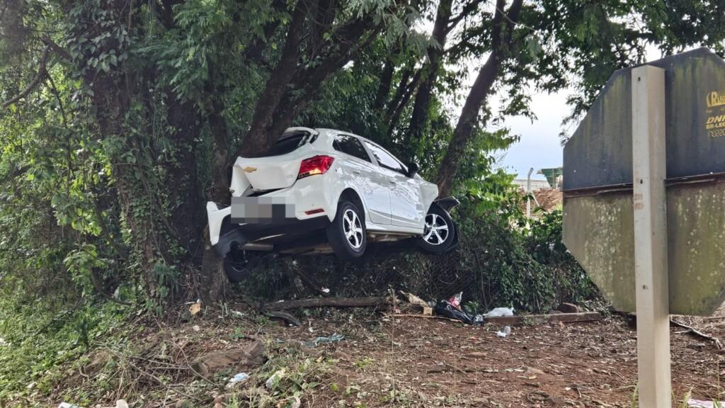De Chapecó a Nova Itaberaba: Ao tentar escapar de buraco, carro ‘decola’ e fica preso entre árvores na BR-282