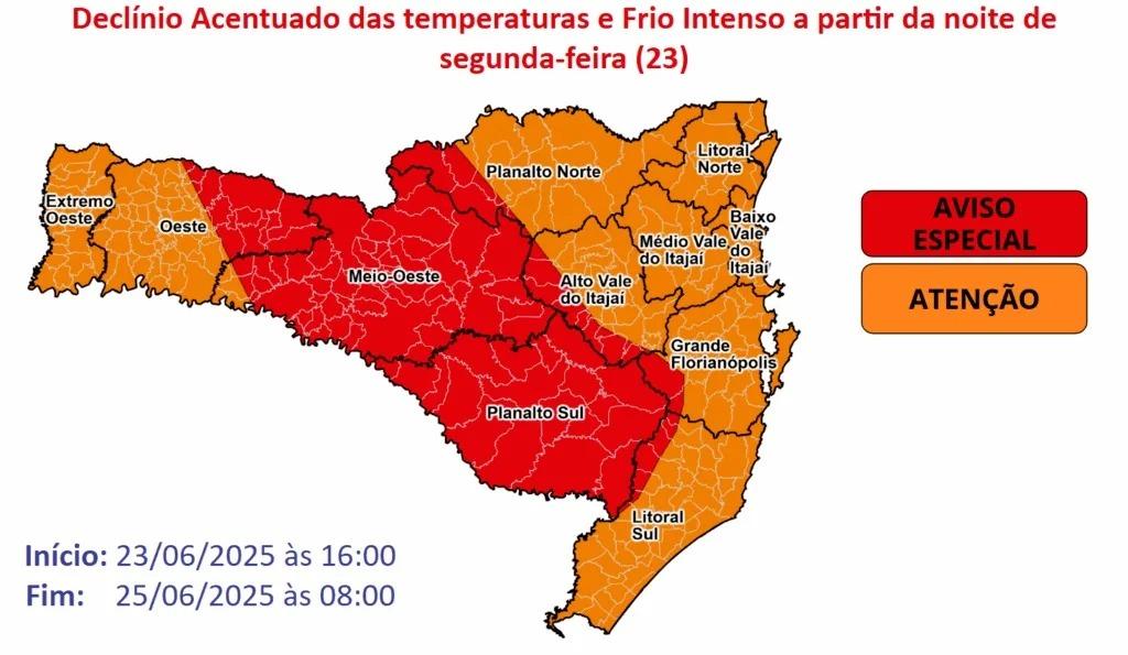 Defesa Civil emite alerta vermelho para frio intenso em SC