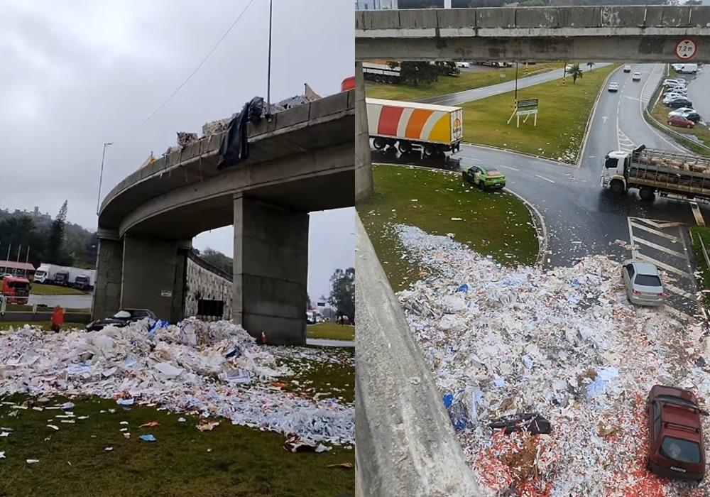 Carreta tomba em elevado na entrada de Chapecó e causa congestionamento quilométrico