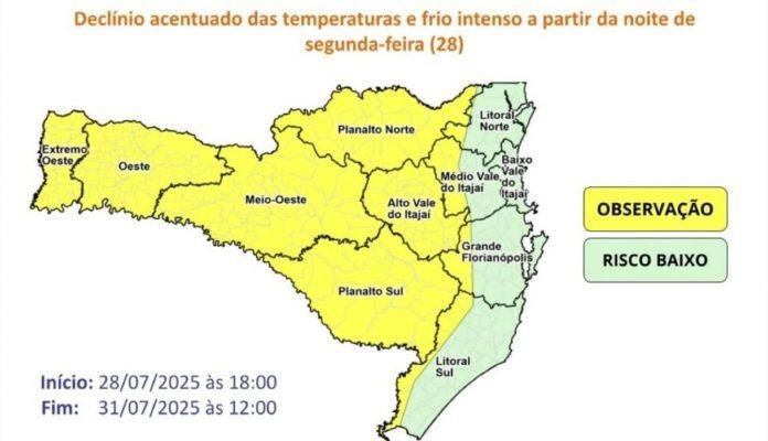 Massa de ar frio avança e deve derrubar temperaturas em SC a partir desta segunda-feira