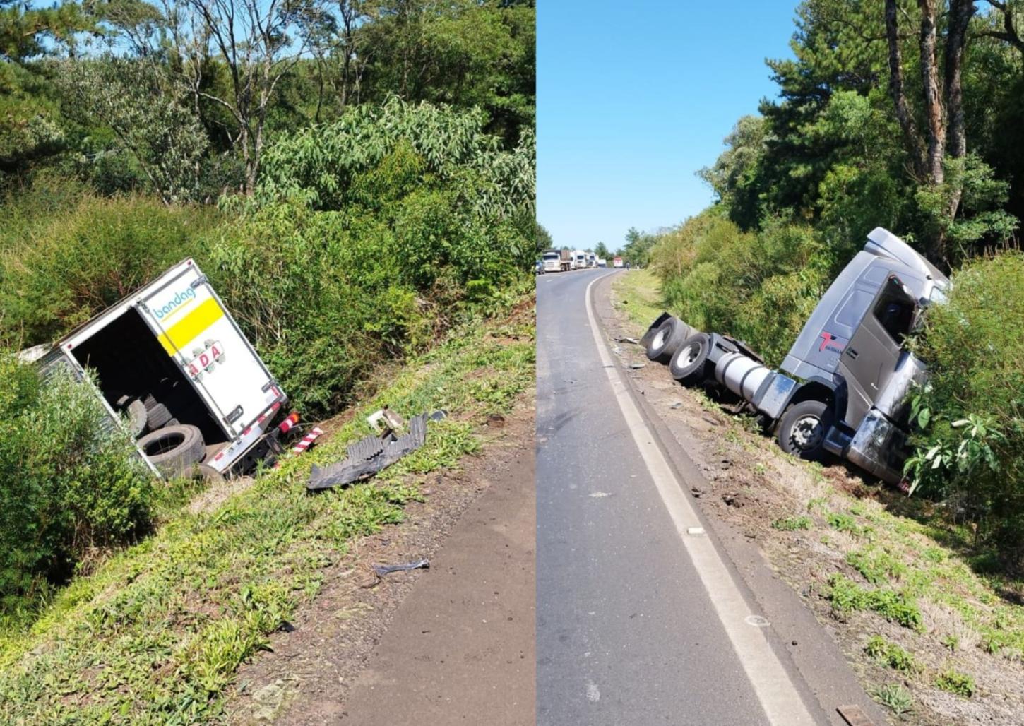 Caminhões saem da pista após acidente em Ponte Serrada
