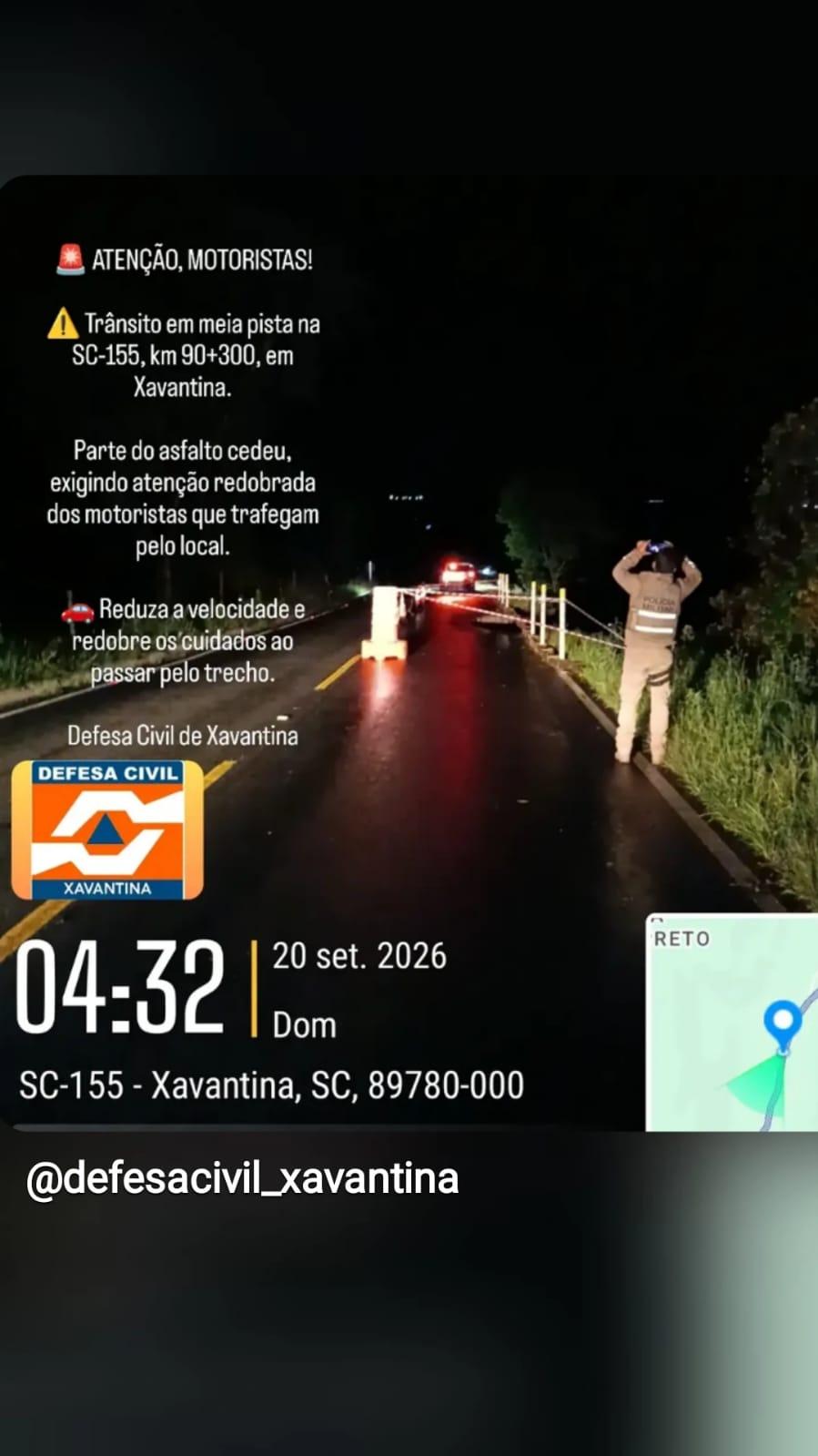 ATENÇÃO: TRÂNSITO EM MEIA PISTA NA SC-155, EM XAVANTINA